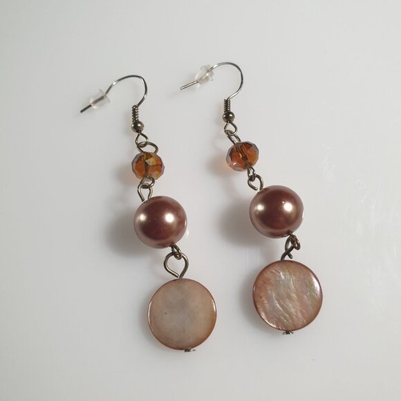 Vintage Dangle Earrings Mother Of Pearl Beads Shell Discs Fashion Handmade - Picture 2 of 5